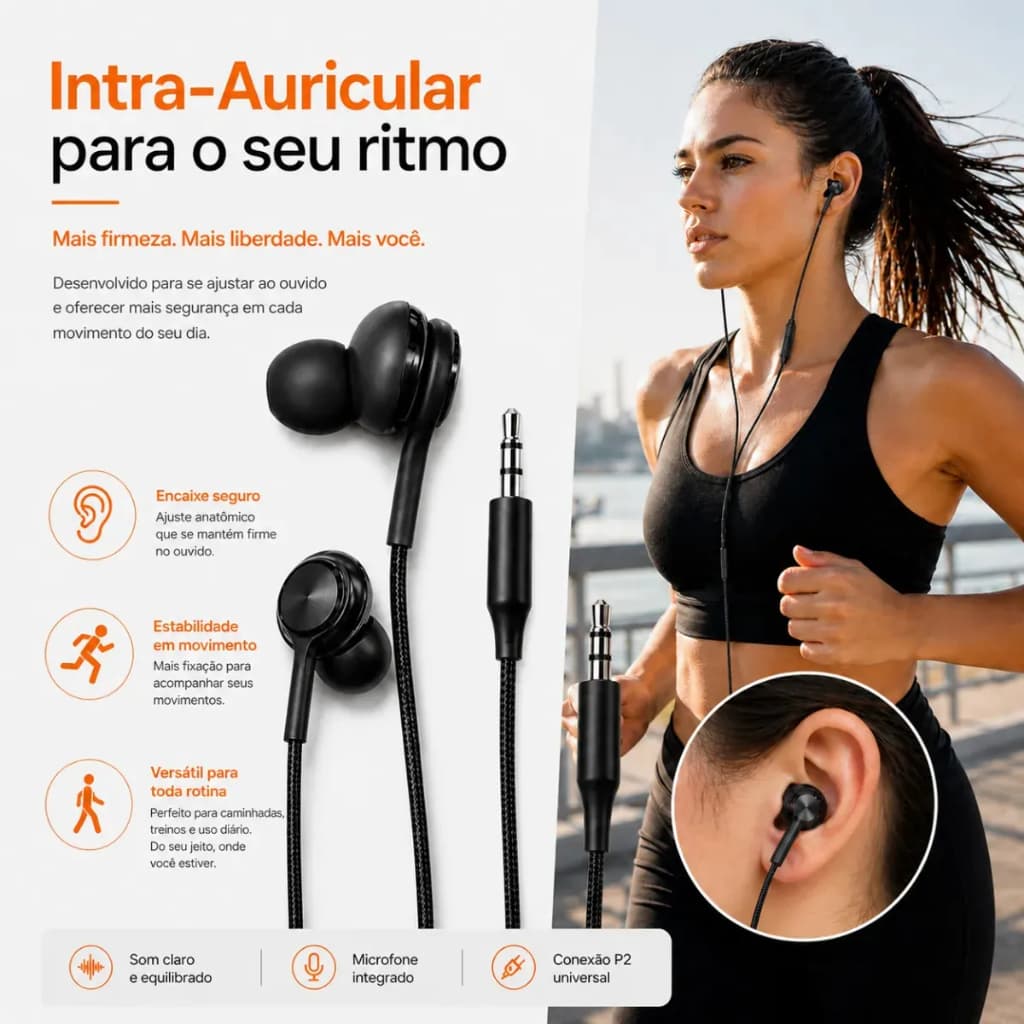 Fone De Ouvido Com Fio Intra Auricular 1.2 Metros 3.5mm Foninho Resistente C/ Microfone Anti Ruído Durável Esportivo Aca