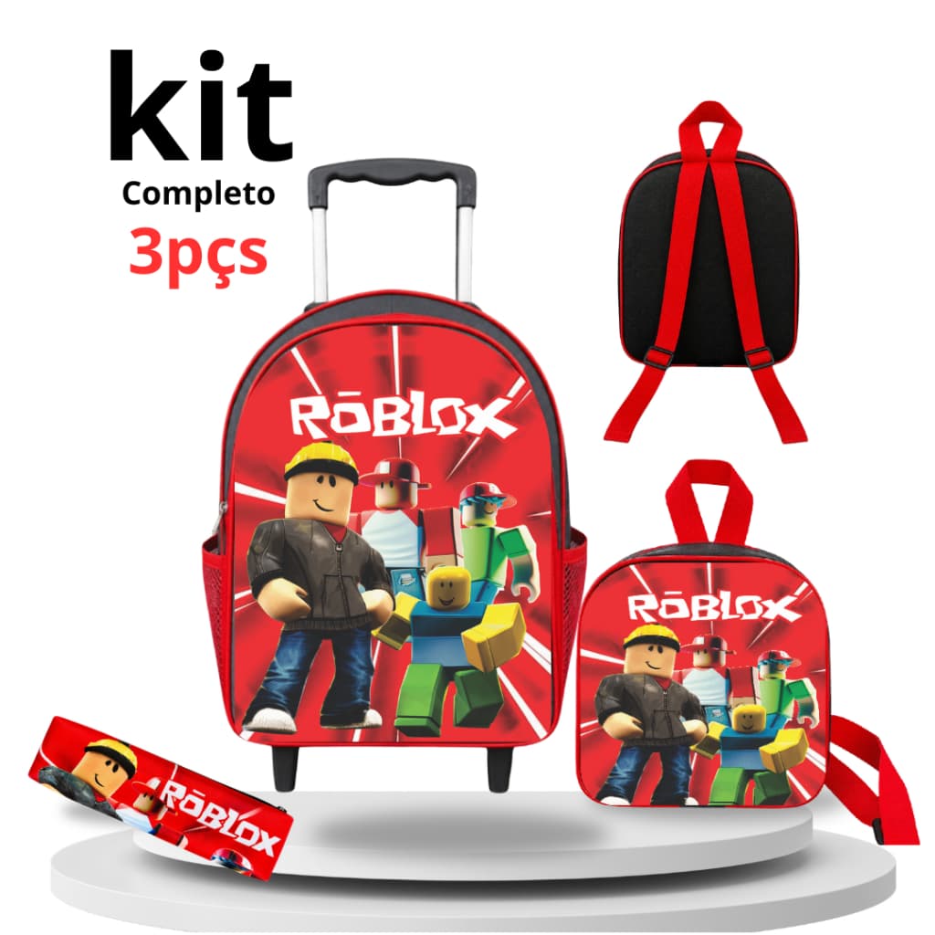 Kit Mochila Carrinho Roblox Completo + Lancheira Térmica + Estojo — Regulável com Trava, Alças Reforçadas, Rodinhas de S