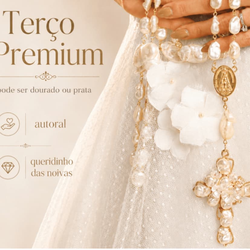 Terço Pérolas Orgânicas Noiva Buquê Casamento Elegante Luxo para Cerimônia e Fotos Especiais Dourado