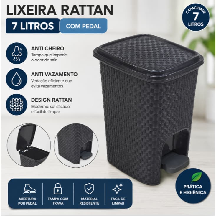 Lixeira Com Pedal 7 Litros Cozinha Banheiro Rattan Cor:Preto