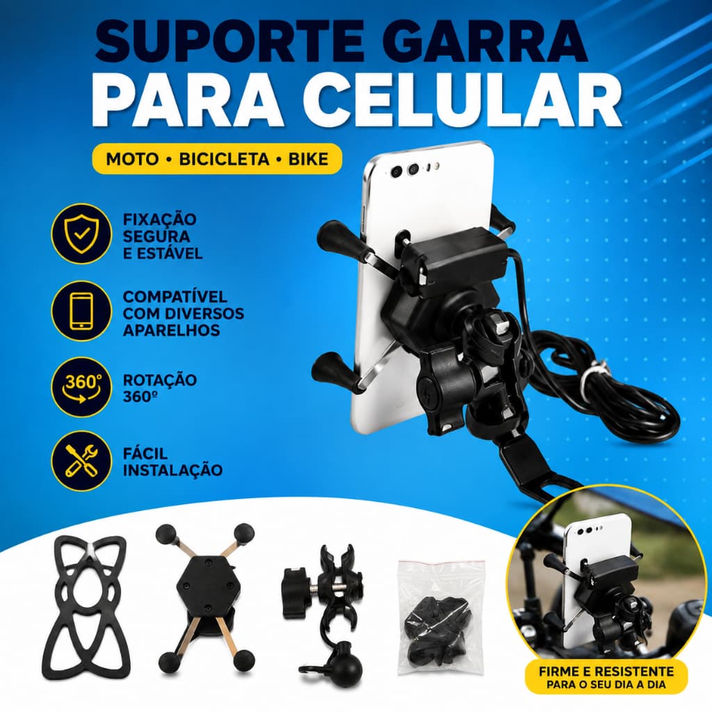Suporte Celular Moto com Carregador USB Universal 360° Antivibração para Guidão Bike