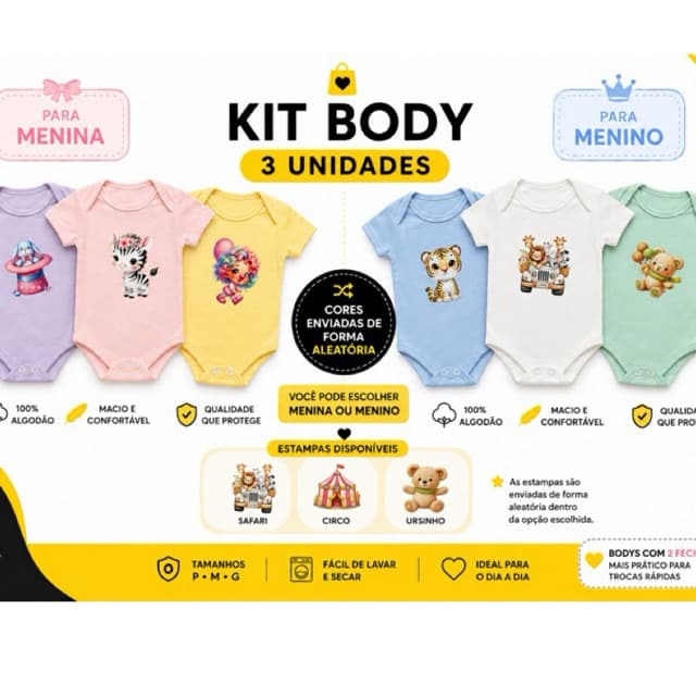 kit 3 body bebe - kit Body bebe manga curta - Kit Body estampado