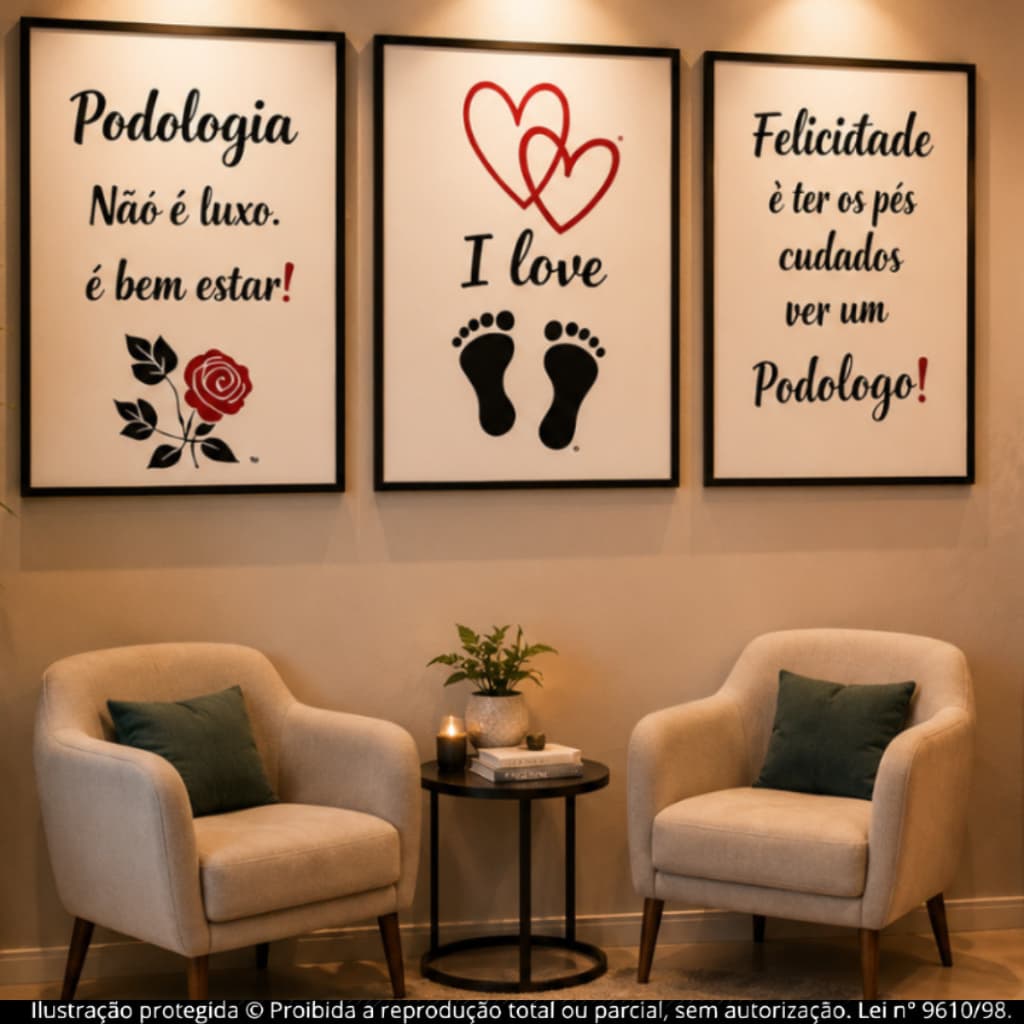 Kit Quadros Decorativos 3 Peças Podologia com Frases Motivacionais I Love Pés Salão de Beleza