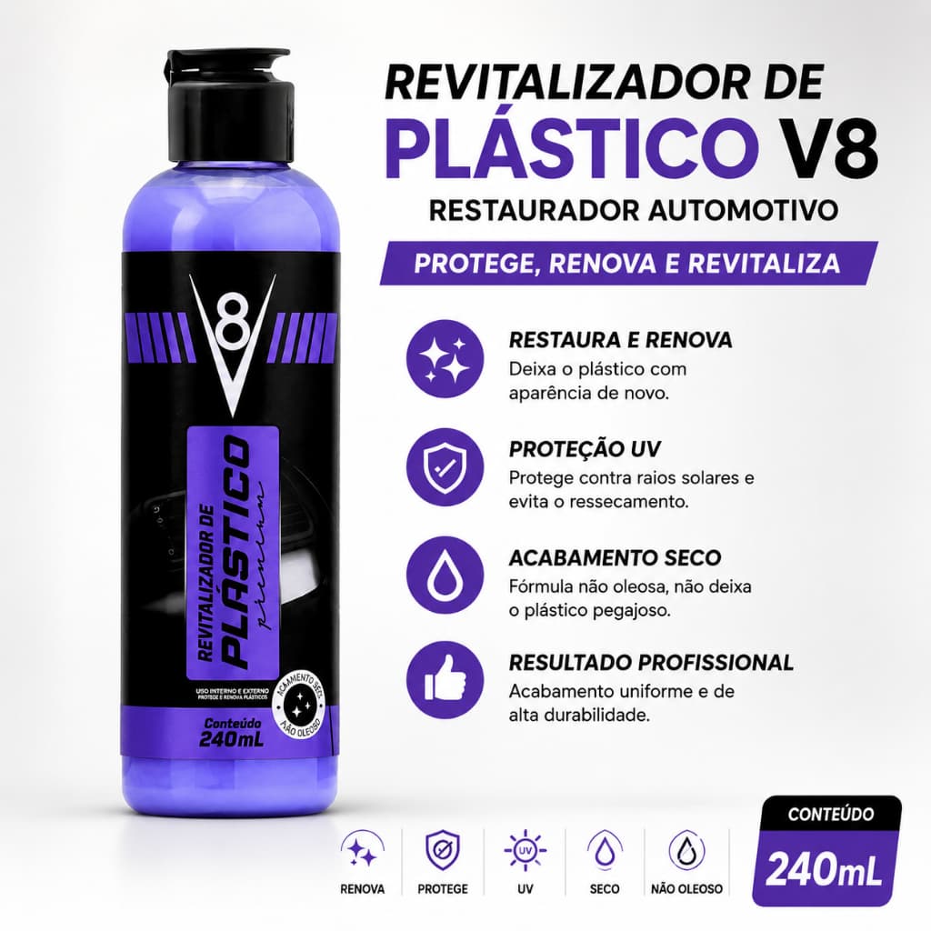 Revitalizador de Plástico V8 240ml Restaurador Automotivo Proteção UV Acabamento Seco Não Oleoso