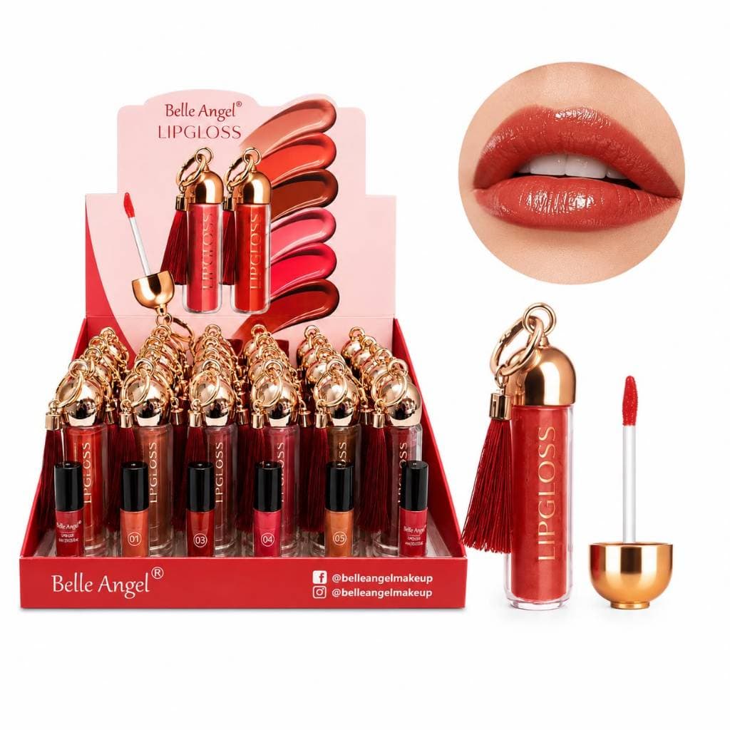 Lip Gloss Belle Angel Com Chaveiro e Tassel Efeito Vinílico Hidratante Alta Pigmentação Longa Duração
