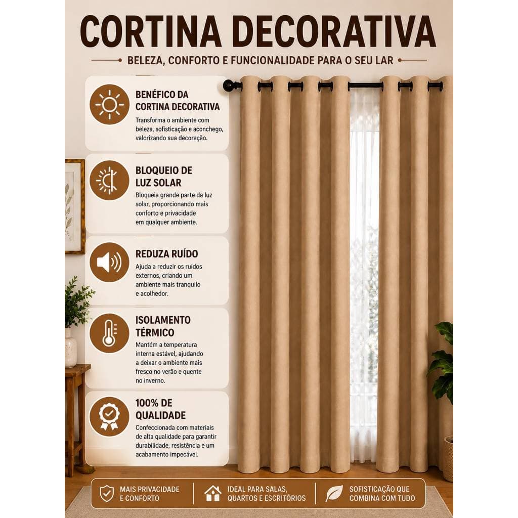 Cortina PREMIUM 3,00x2,50 - Decoração Para Quarto, Sala & Escritório Janela Inteira Ótimo Para Seu Ambiente