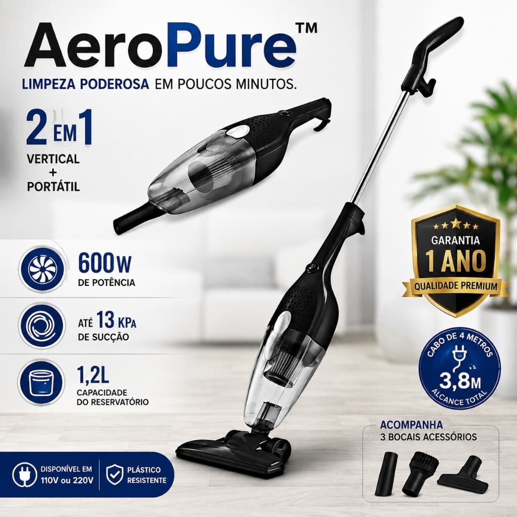 Aspirador de Pó Vertical 2 em 1 600W 13KPa Portátil 110V ou 220V Limpa Sofá Carro Pelos Reservatório 1,2L