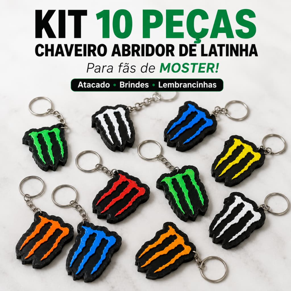 Kit 10 Chaveiros Abridores de Latinha Estilo Monster Impressão 3D para Brindes, Lembrancinhas e Atacado