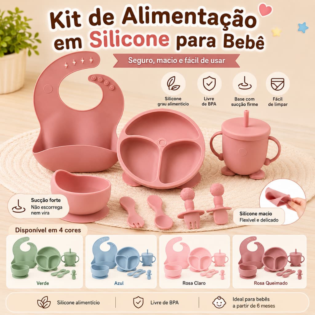 Conjunto de talheres para bebê, kit de alimentação de silicone com prato de ventosa e babador