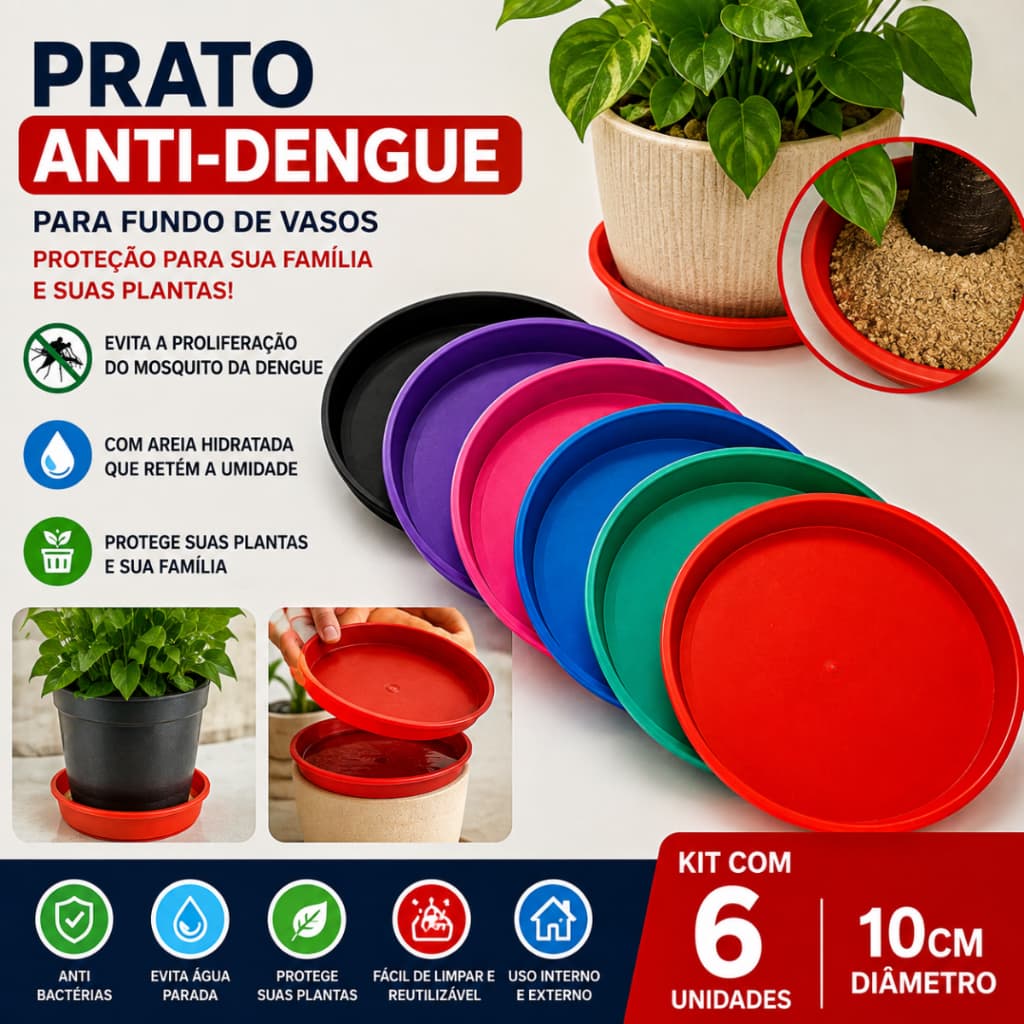 Kit 6 Pratos Anti Dengue para Vasos 10cm Coletor Água Protege Piso Jardim Plantas Resistente Premium