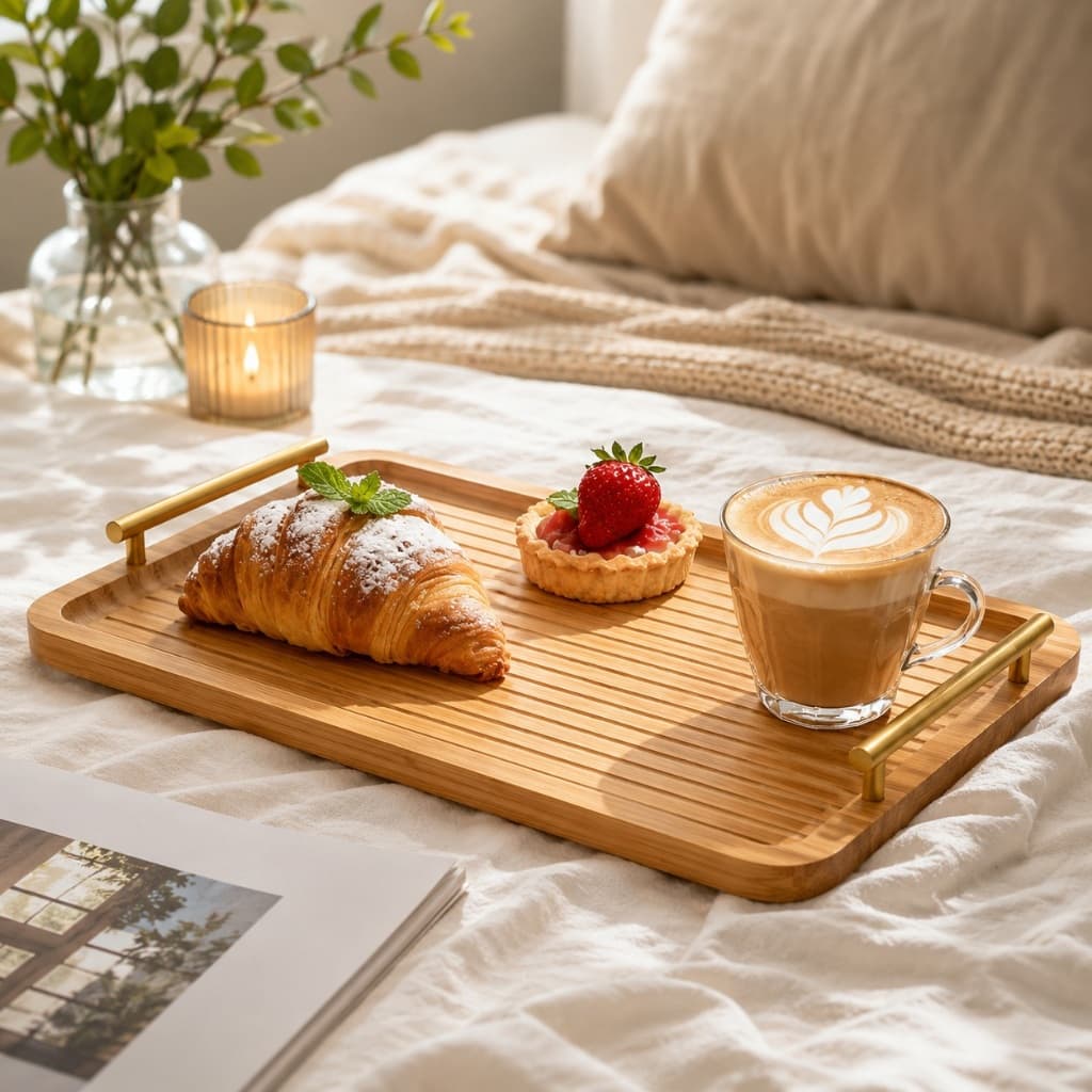 Bandeja de Bambu Madeira com Alças Douradas para Servir Café Petiscos Decorativa ENVIO IMEDIATO