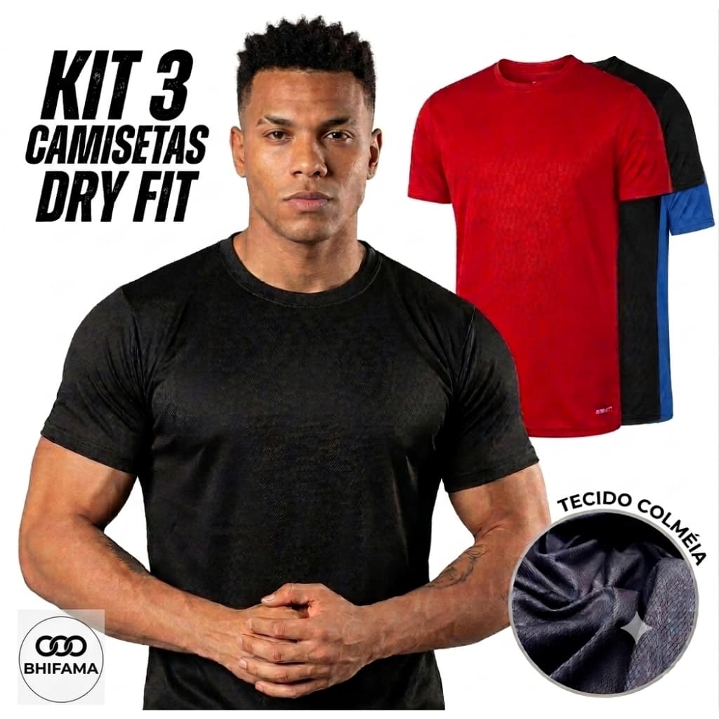 Kit 3 Camisetas Dry fit Masculina Manga Curta Poliester Academia Corrida Crossfit