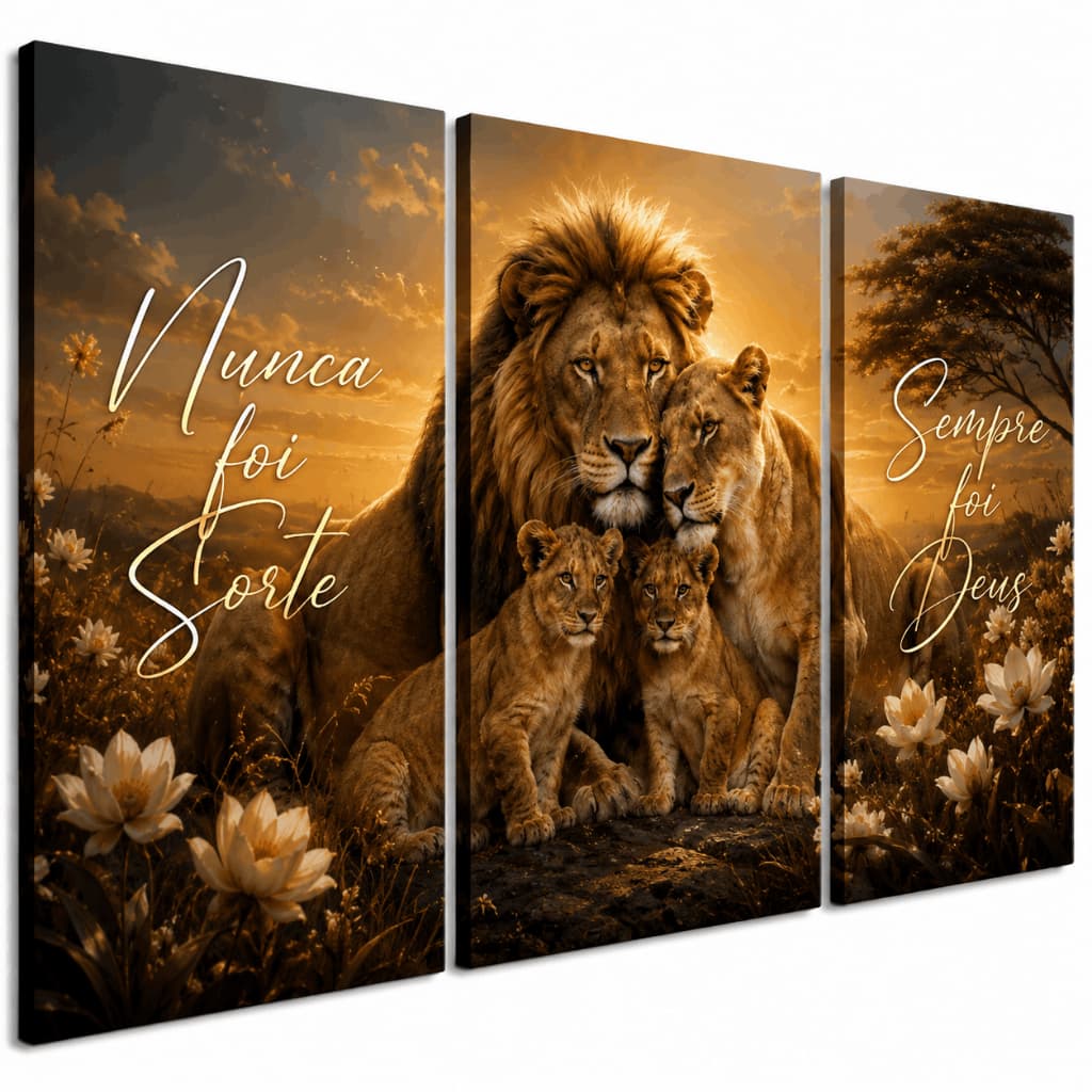 Kit 3 Quadros Decorativos Leão Família Nunca Foi Sorte Sempre Foi Deus Paisagem Dourada Sala Quarto Escritório