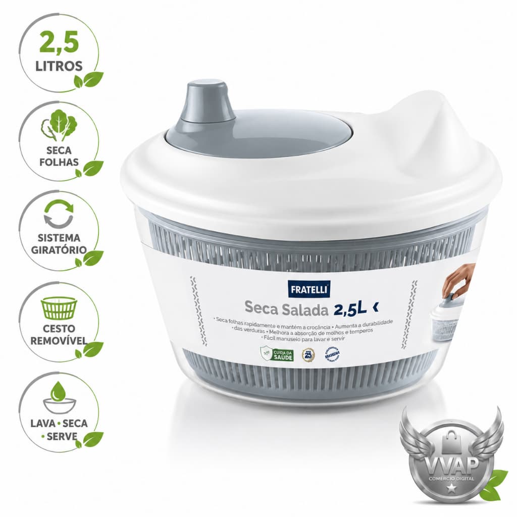 Seca Salada 2,5L Centrífuga Manual para Folhas Verduras Legumes Frutas Cinza