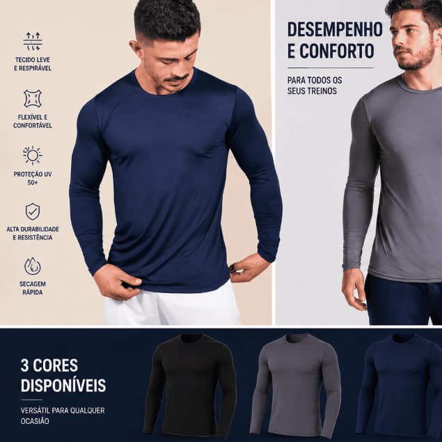 Camiseta Manga Longa Dry Fit lisa Masculina Academia Proteção UV Esportiva Fitness Treino