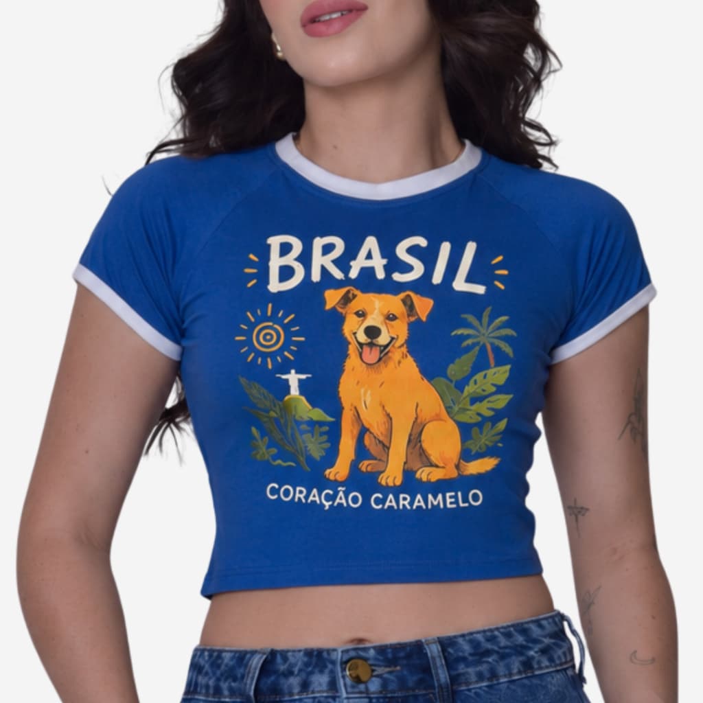 Kit 2 Cropped Femininos Cachorro Caramelo Camiseta Brasil Baby Look Estampa Verão Tropical Praia Rio de Janeiro