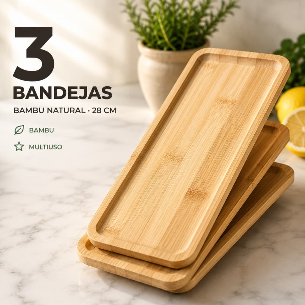 Bandeja de Bambu 28cm Conjunto 3 e 5 Unidades Decoração Lavabo Quarto Sala Petisqueira Tábua Para Mesa Posta