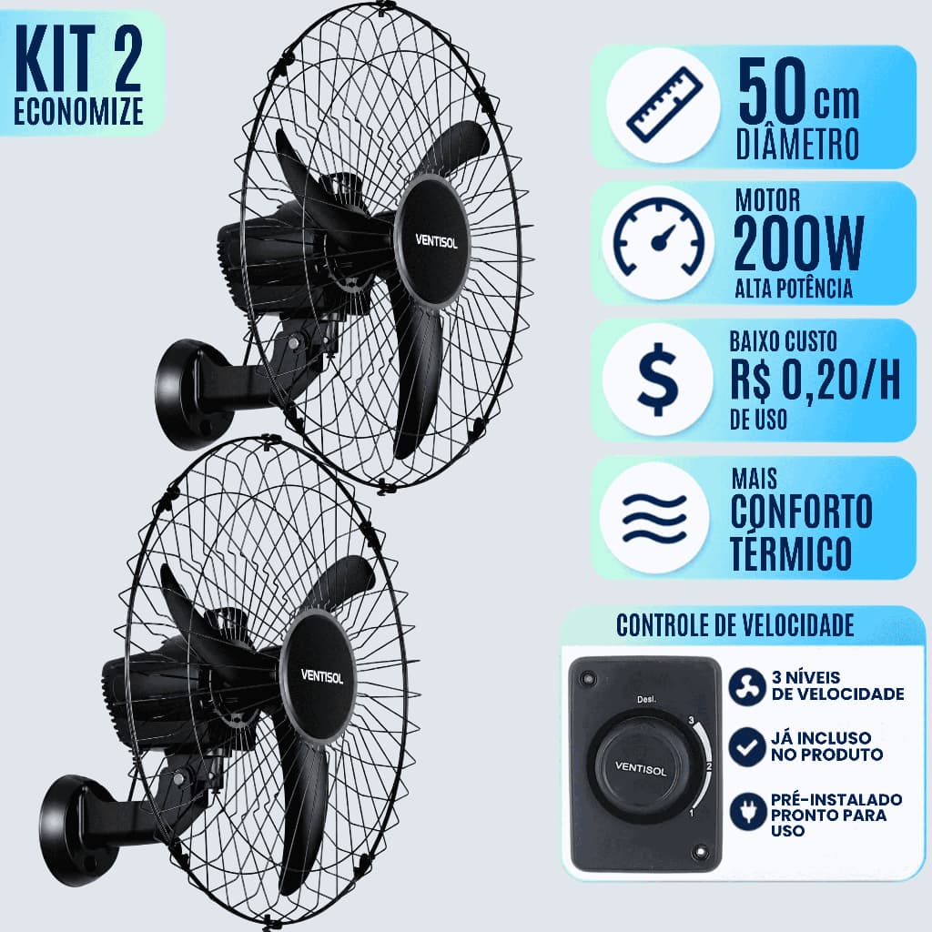 Ventilador De Parede Oscilante 50cm 3 Pás Preto Ventisol 110v e 220v ( Combo 2 Un ) Forte Silencioso