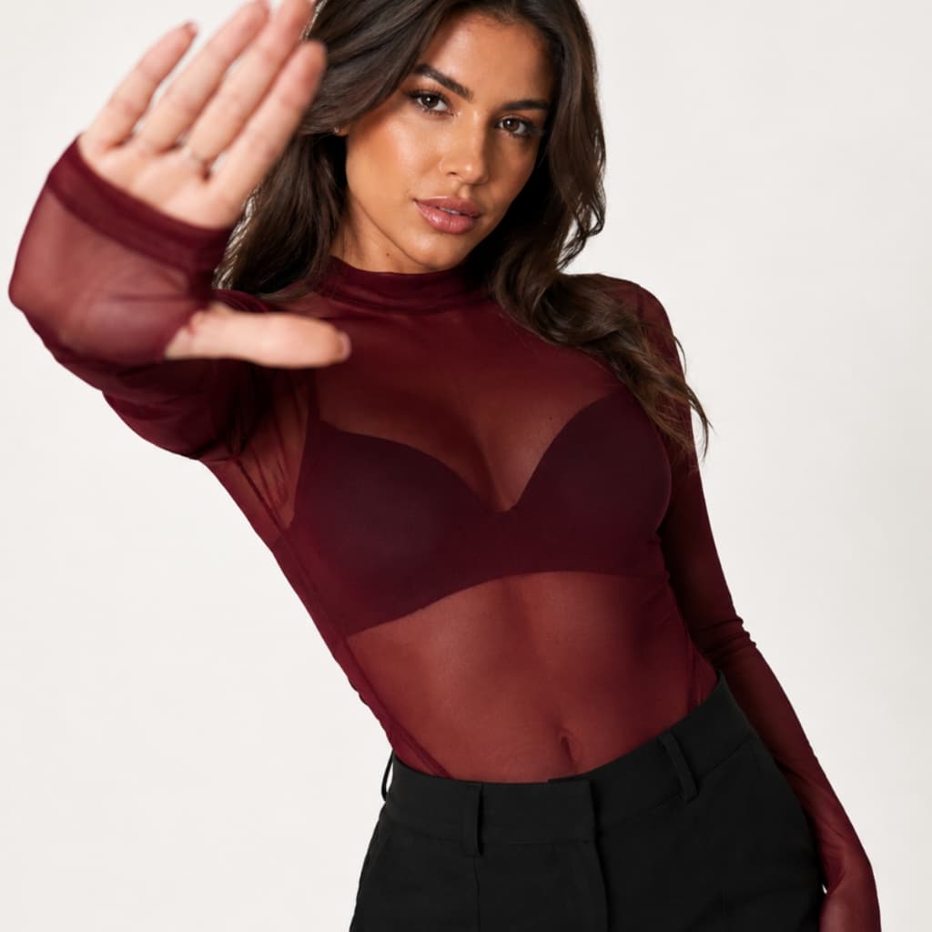 Body Tule Feminino Transparente Manga Longa Gola Alta Com Dedeira Look Noite Moda
