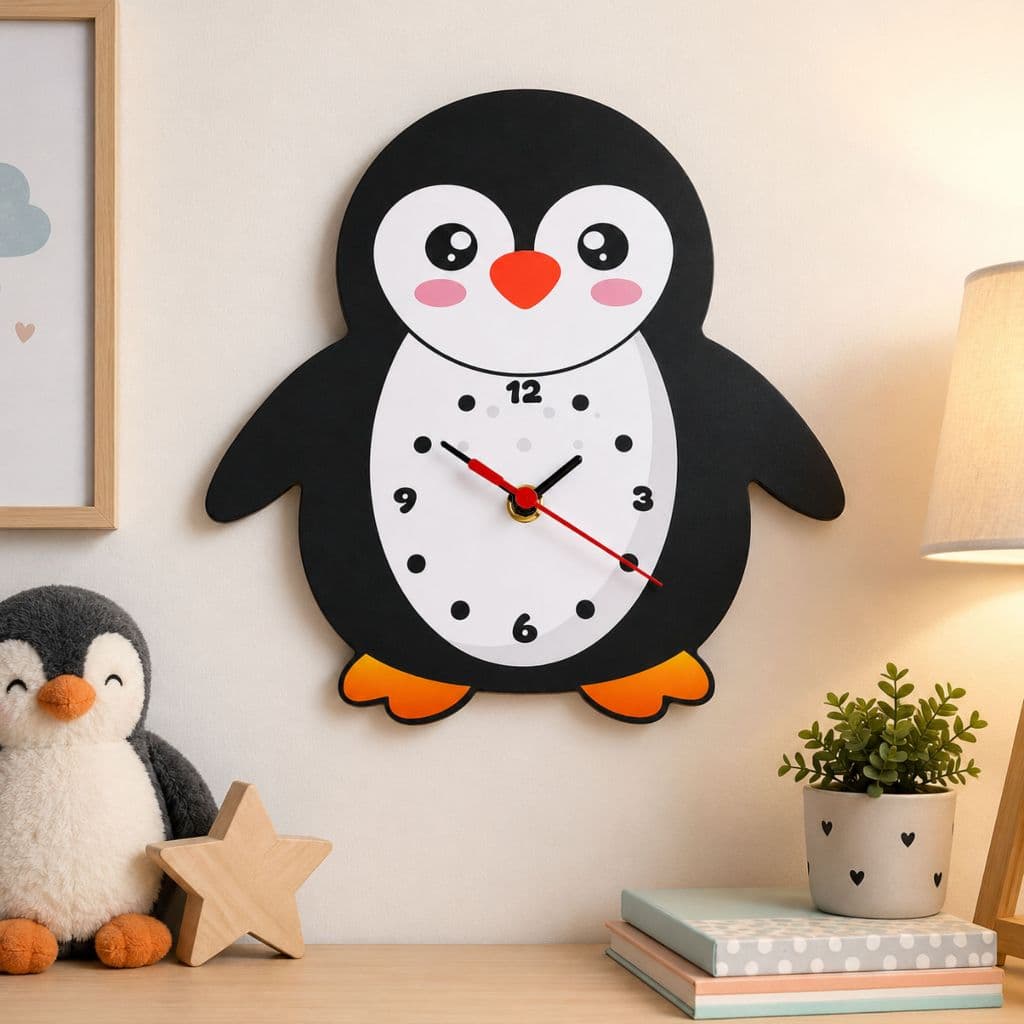 Relógio de Parede Infantil Formato Pinguim Casa e Decoração Mdf Preto Para Quarto De Crianças