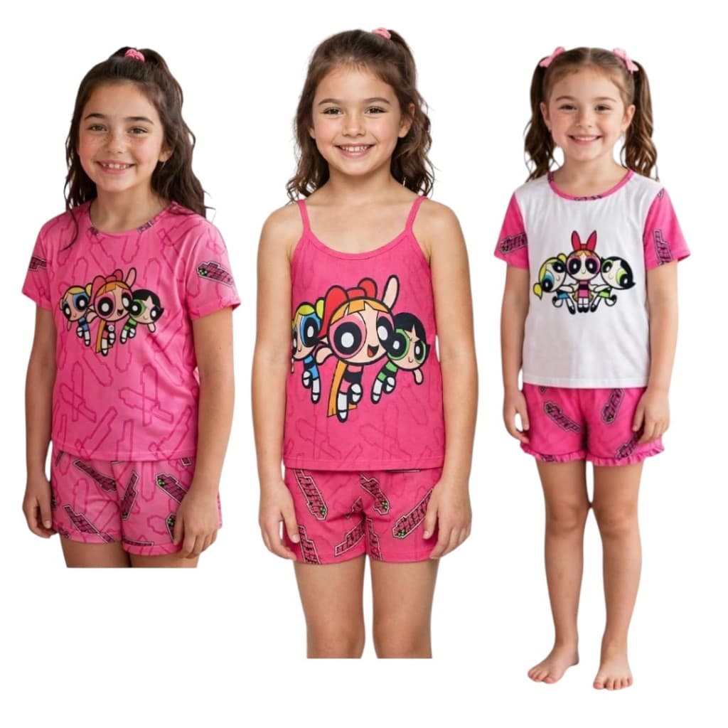 Pijama infantil das meninas super poderosas Blusinha e short conjunto personagens verão criança