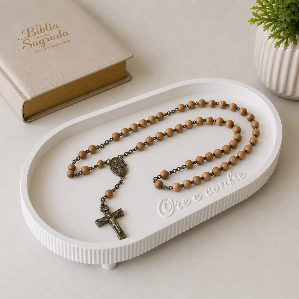 Bandeja Decorativa Porta Objetos Ore e Confie Porta Terço Organizador Decoração Religiosa