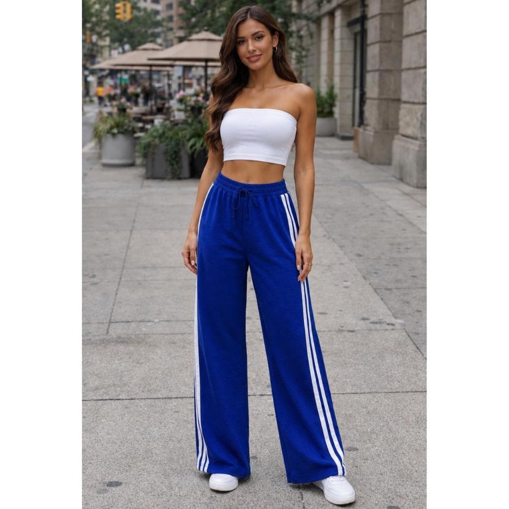 Calça Pantalona Com Listras Laterais Tecido Duna Envio Imediato
