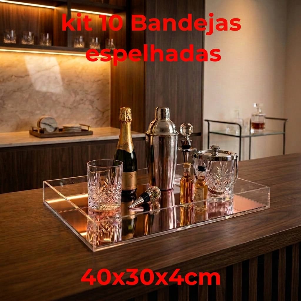 Kit 10 Bandejas Espelhadas Em Acrílico Organizador Bar Maquiagem Joias Sala Festa Multiuso 40x30x4cm