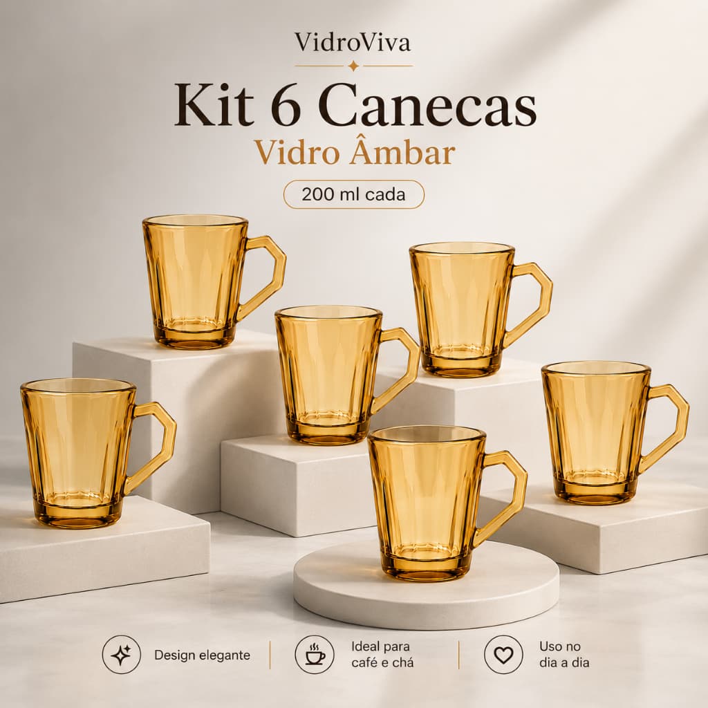 VidroViva Kit 6 Canecas de Vidro Âmbar 200ml com Alça Geométrica para Café e Chá VidroViva