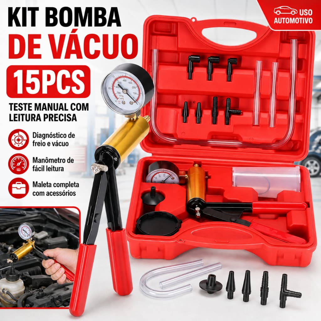 Kit 15 Peças Teste Bomba Pressão Vácuo Carro Profissional Auto vermelho Para Sangramento Fluido Freio De VáCuo