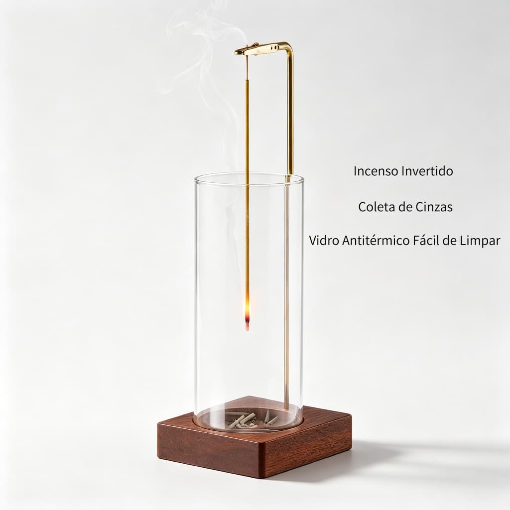 Incensário invertido com recipiente de vidro resistente ao calor, feito à mão em madeira nobre