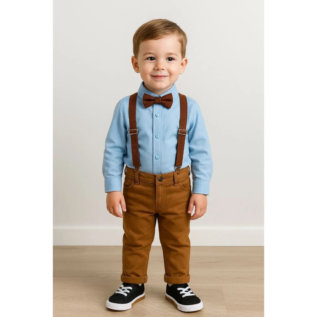 Calça Caramelo Camisa Longa Azul Clara Suspensório Gravata Batizado Pajem Casamento Formatura Infantil