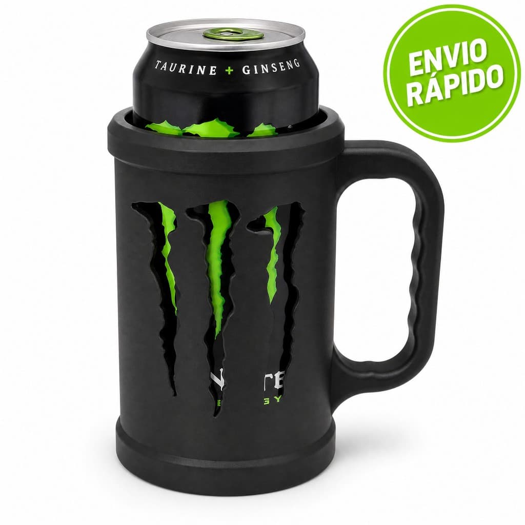 Caneca Porta Lata Energetico Monster Energy Suporte Copo 473ml Vazado + tampa + chaveiro abridor