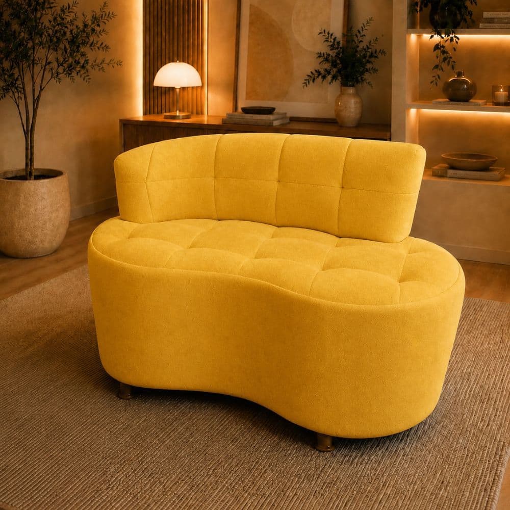 Sofá Orgânico Jin Curvo Puff Compacto Sala Espera Studio Fotografia Luxuoso Moderno Suede Amarelo