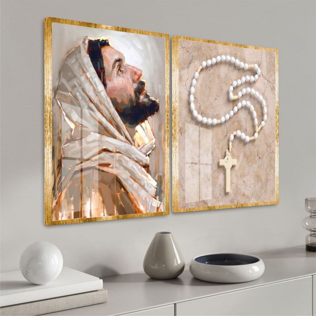 Kit 2 Peças Quadros Decorativos Religiosos Com a Imagem Jesus Terço Elegantes Tons Branco Dourado