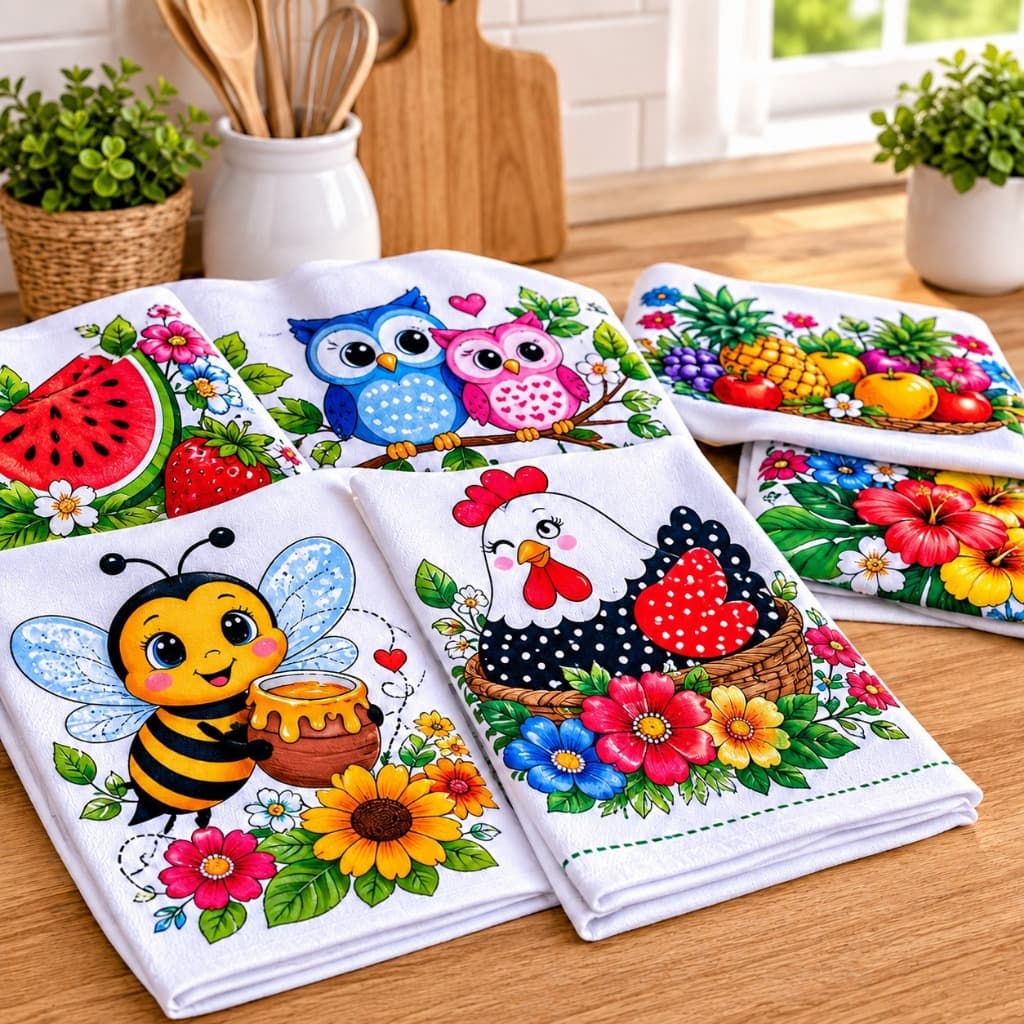 Kits Panos De Prato Estampado 100% algodão| Toalha de Pia com Bainha | Kit 5,10, 15 ou 20 Unidades
