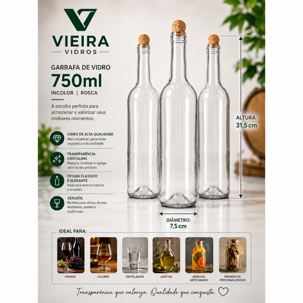 KIT 12UN Garrafas de Vidro Incolor - ROLHA CURTIÇA+LACRE // Ideais para Vinhos, Xaropes e Kombucha.