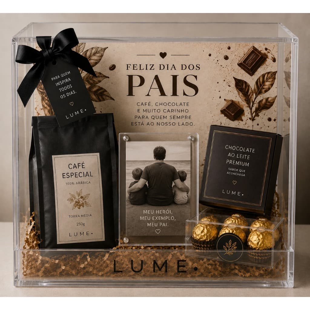 Kit Presente Dia dos Pais LUME | Caixa Organizadora em Acrílico + Café Especial + Chocolate + Porta-Retrato Personalizad