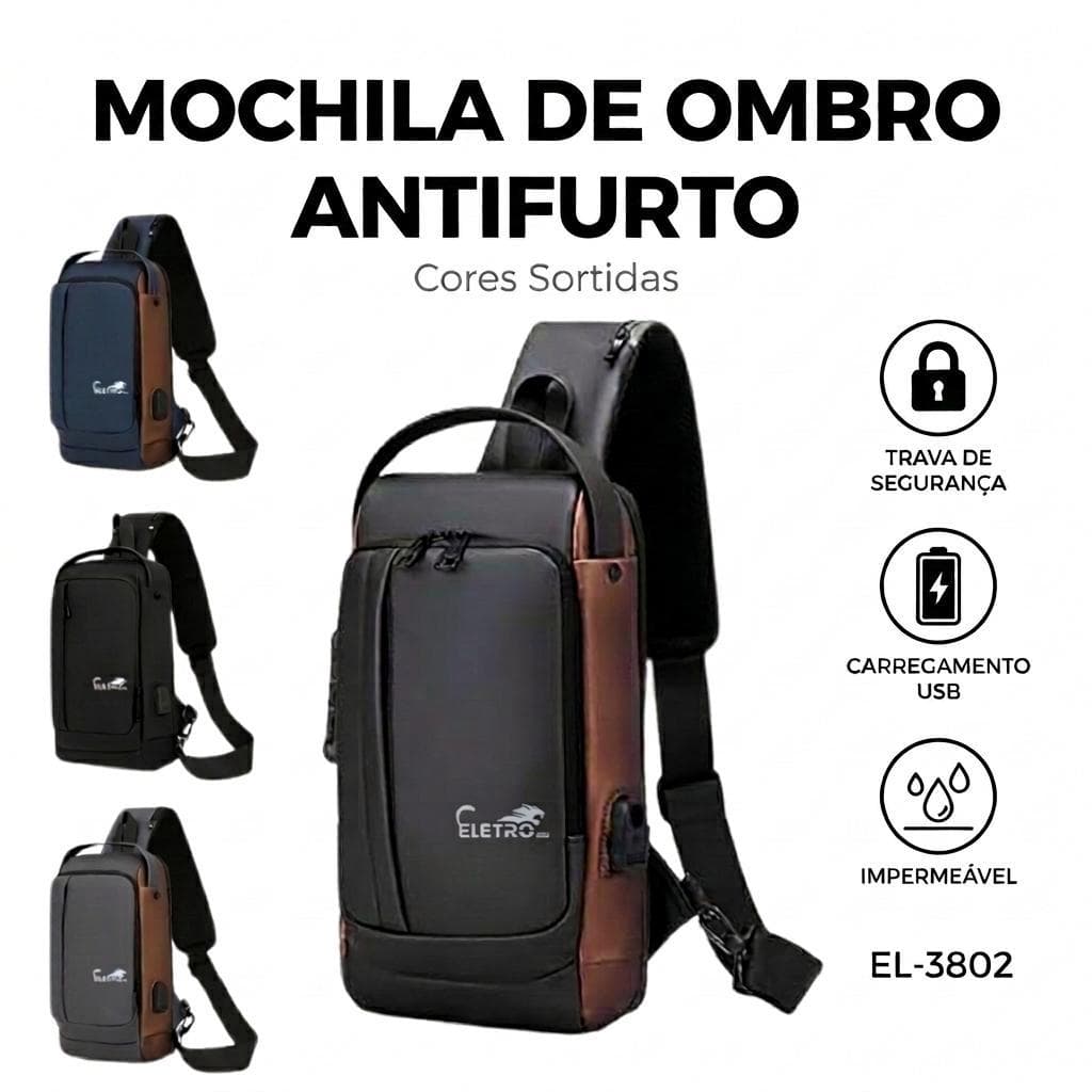 Bolsa Mochila Transversal De Ombro Antifurto Trava Senha USB Impermeável Eletromex