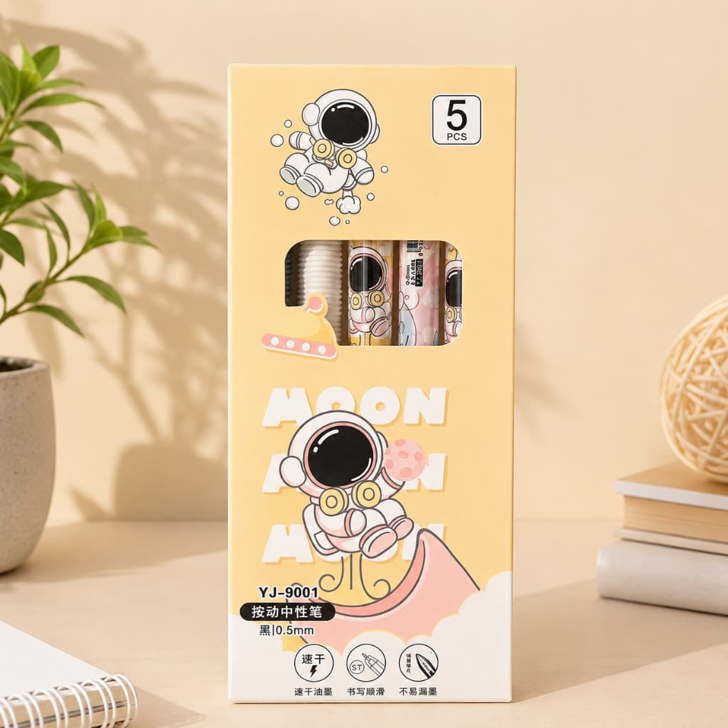 Kit 5 Canetas Astronauta Kawaii 0,5mm | Tinta Preta