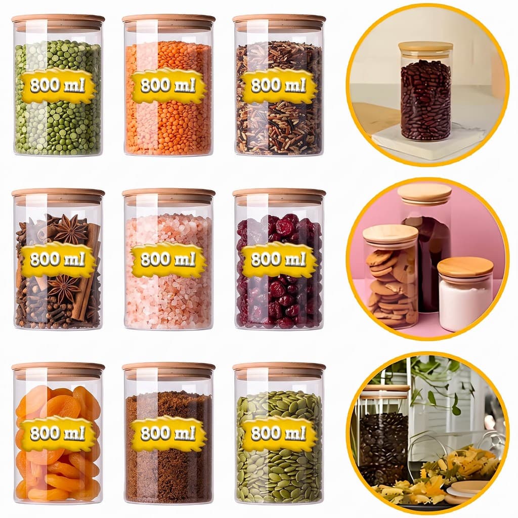 Kit 9 Potes De Vidro Herméticos 800ml Porta Alimentos Organizador Tampa de Bambu Cozinha