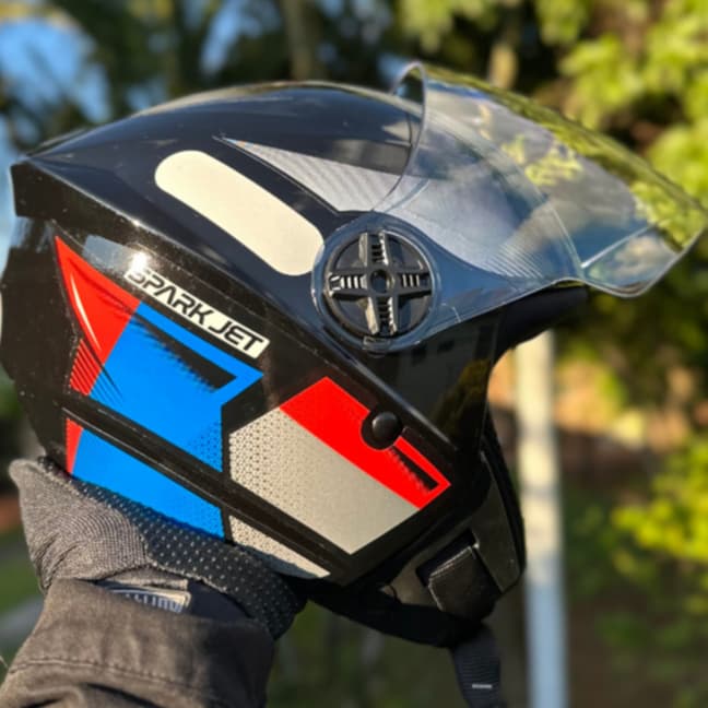 CAPACETE ABERTO EBF SPARK JET SQUARE PRETO AZUL VERMELHO + CHAVEIRO PERSONALIZADO BRILHO BLADE OPEN