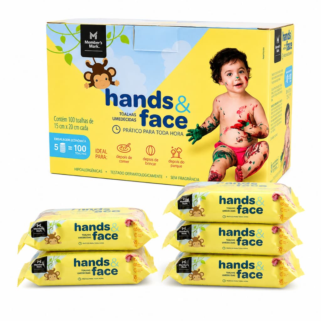 Lenços Umedecidos Hands & Face Member's Mark 100 Unidades Sem Perfume Hipoalergênico Mãos e Rosto