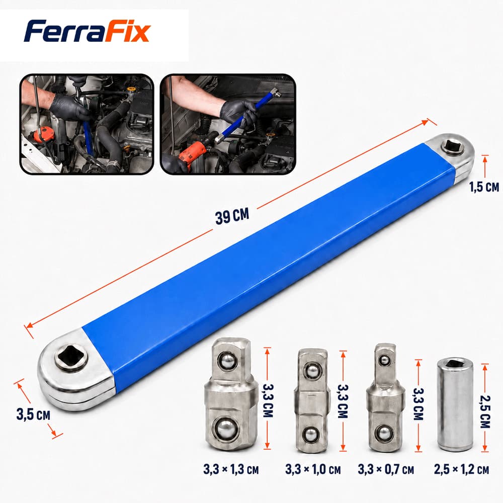 Chave Catraca ExtensíVel 39cm Com 4 Adaptadores, Barra De ExtensãO Para Soquetes Automotivos E Oficina
