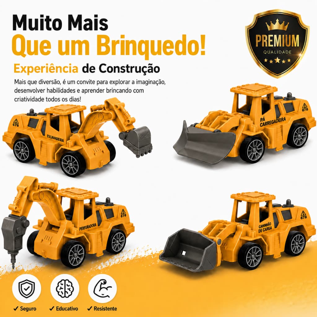 Kit 4 Veículos de Construção Infantil Escavadeira Caminhão Brinquedo Educativo 3+