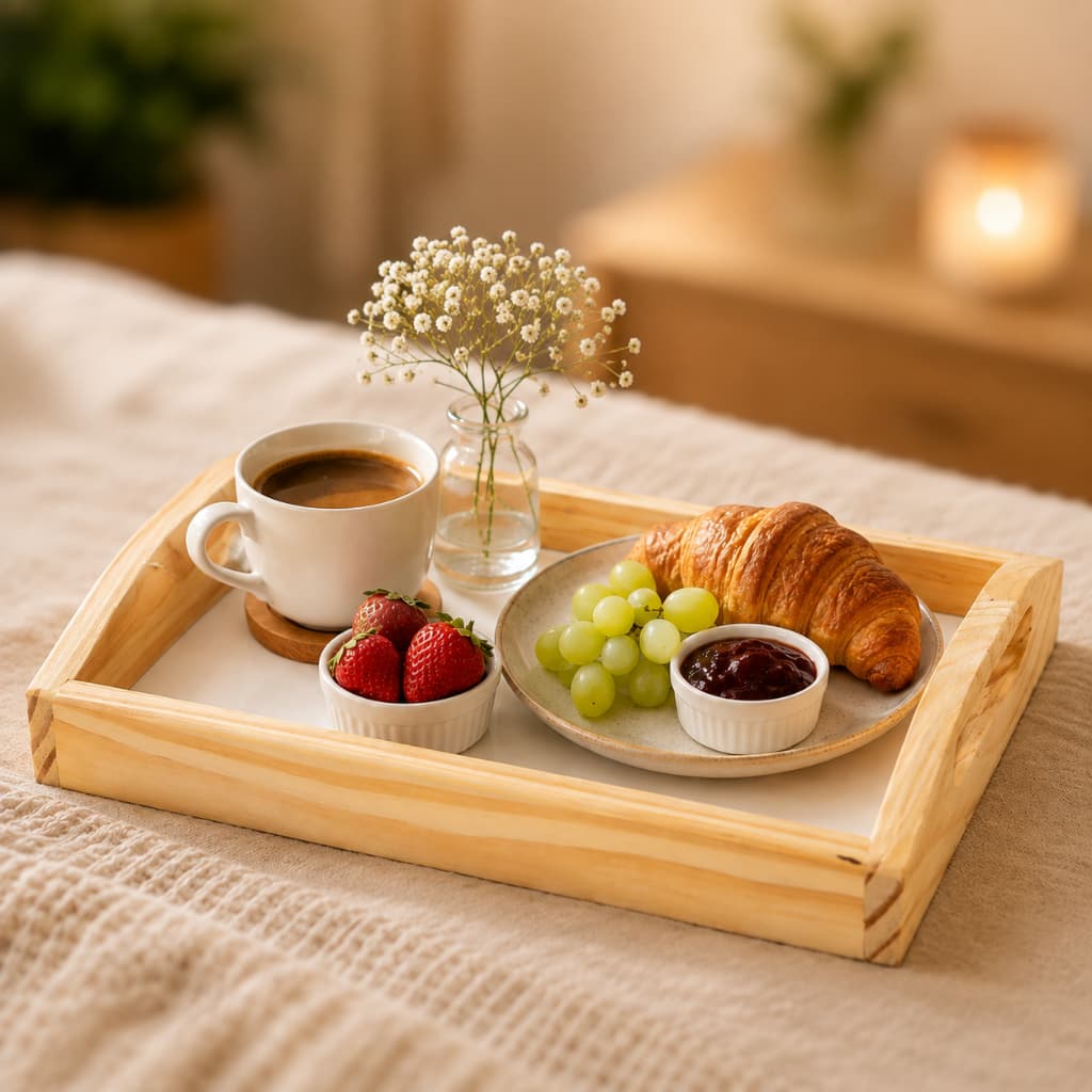 Bandeja Café da Manhã com Alça 37x26cm Madeira Resistente Servir Mesa Decoração Cantinho do Café