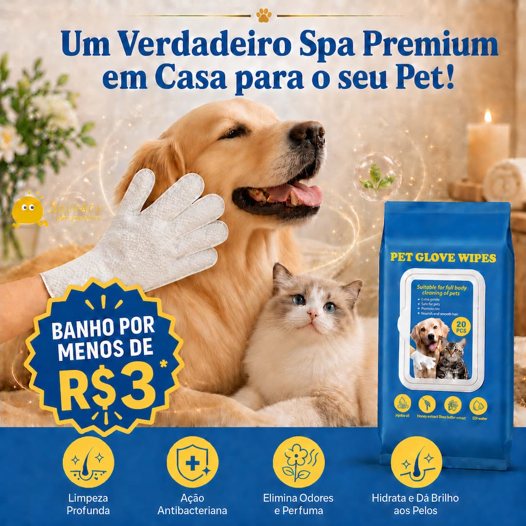 SOLPACE Luvas Umedecidas Pet 5 Dedos Banho A Seco Sem Enxágue Para Cães e Gatos 20Un