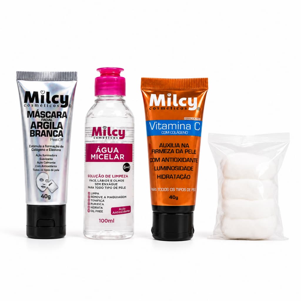 Kit Limpeza de Pele Facial com Argila Branca Peel Off Água Micelar e Vitamina C Milcy