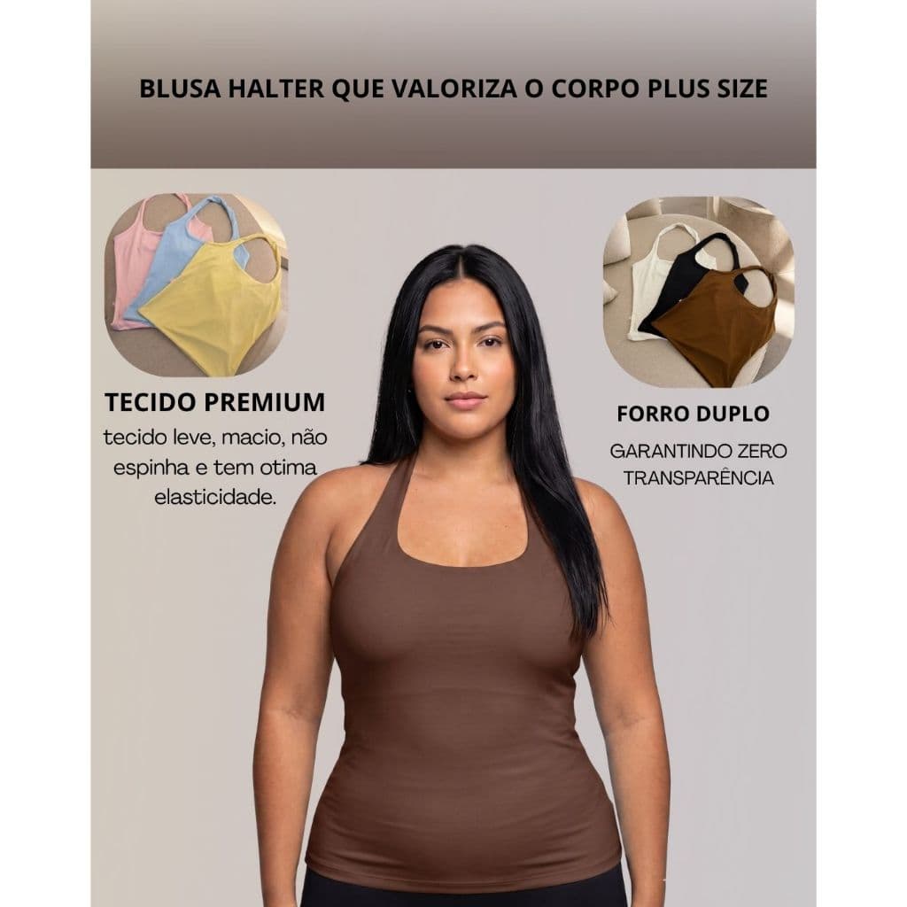 Blusa Feminina Plus Size Halter Frente Forro Duplo Academia Tecido Premium Confortável G1 G2 Casual