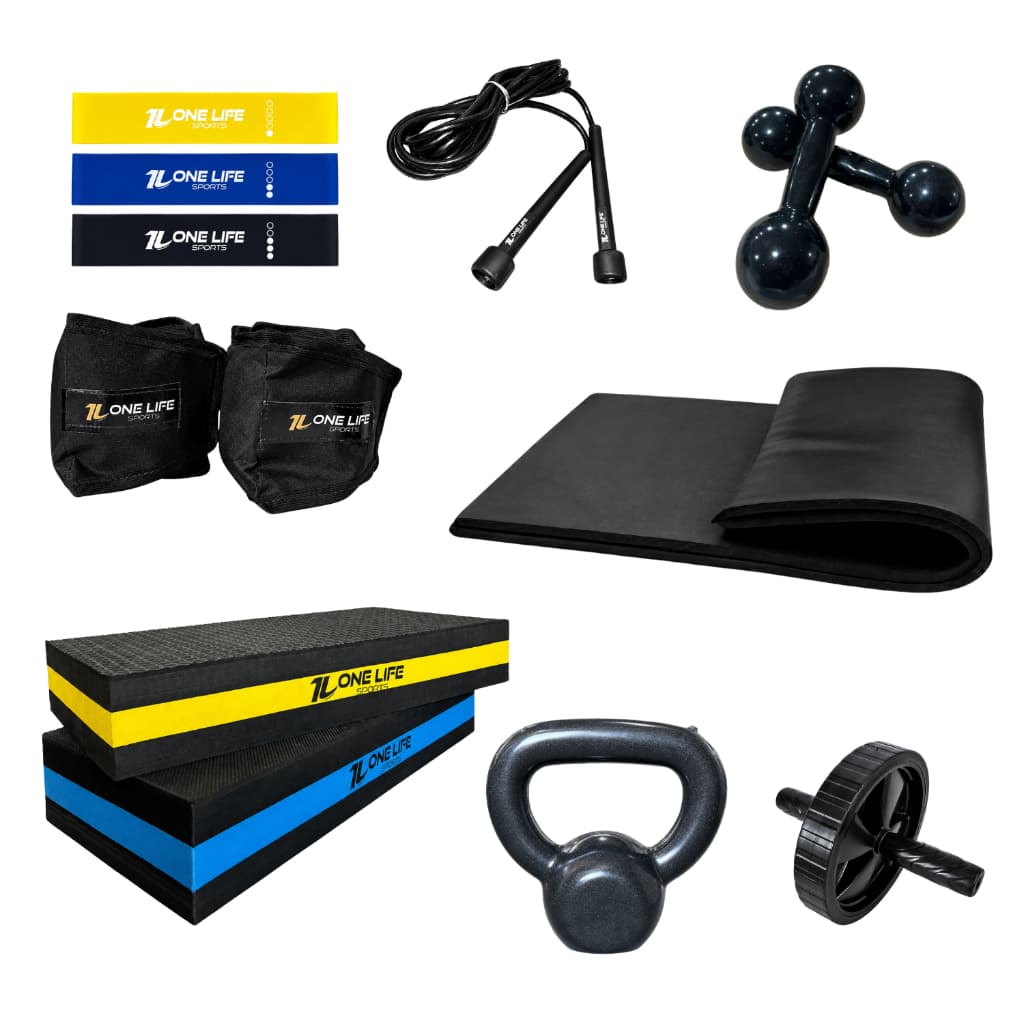Kit Ginástica 2 Step EVA Caneleira 3kg Kettlebell 4kg Roda Colchonete Corda Kit Band Halter 3kg